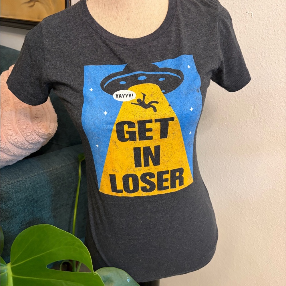 Graphic UFO 'Get In Loser' Tee - Dark Gray with Yellow & Blue Print